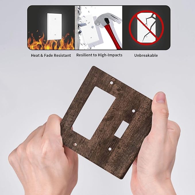 Outlet Covers Rustic Dark Brown Wood Grain 1 Toggle 1 Rocker Combination Decorative Wall Plate Electrical Switch Plates Light Switch Cover Plate for Farmhouse Bedroom Decor
