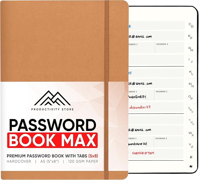 Best Password Book with Alphabetical Tabs | Password Book, Organizer & Notebook | Password Keeper to Keep Website Logins & Passwords Safe | Black | Medium 5x8 | Productivity Store