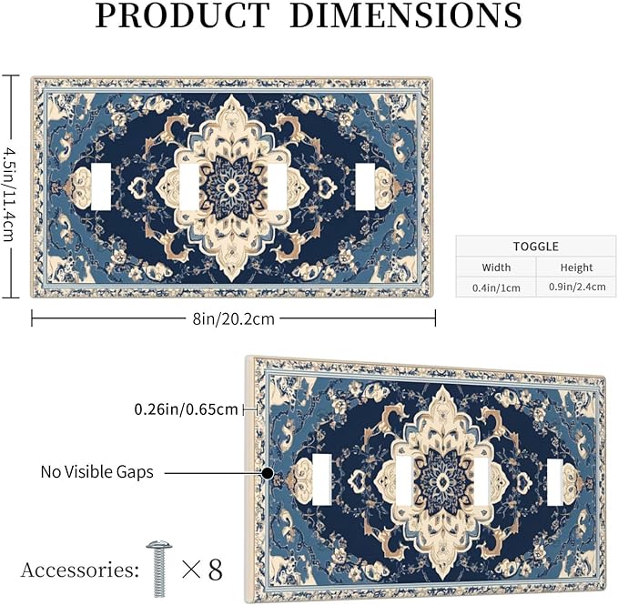 Decorative Switch Plate Covers Boho Beige Navy Blue Medallion 4 Gang Light Switch Cover Plate Quad Toggle Wall Plate Dimmer Faceplate for Country Bathroom Bedroom Decor