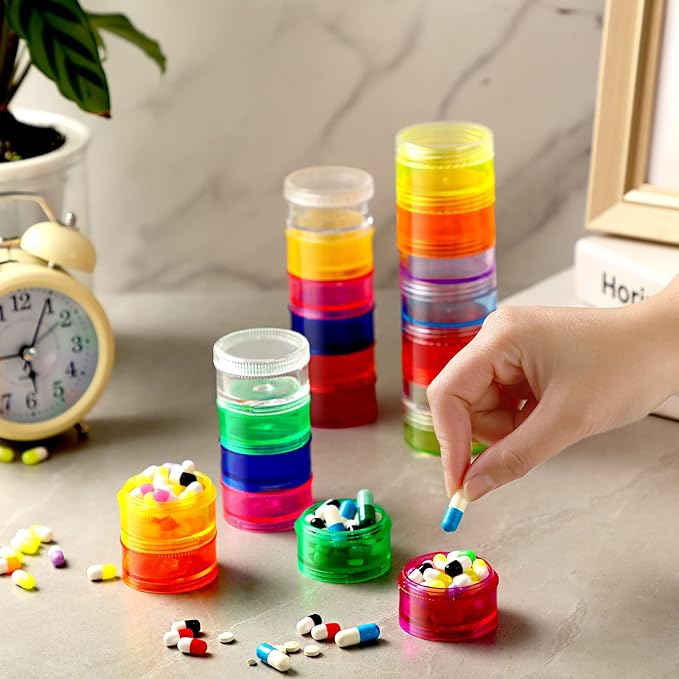 Sieral 7 Days Stackable Pill Organizers 7 Compartments Round Pill Boxes Tower Weekly Vitamin Individual Storage Containers Travel Cases with Lids for Medications, Vitamins and Supplements(8 Sets)