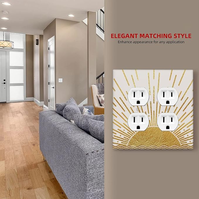 Mid Century Boho Golden Sun Sunrise Sunset Outlet Covers 2 Gang Double Duplex Decorative Light Switch Covers Electrical Wallplates Socket Faceplate for Bed Room Living Room Decor