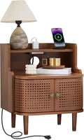 Metal Rattan End Table with Charging Station, Mid Century Modern Nightstand with 2 Doors, Bed Side Table with Storage for Couch,Living Room,Small Spaces, Sofa Side Table for Office,Dorm - Walnut