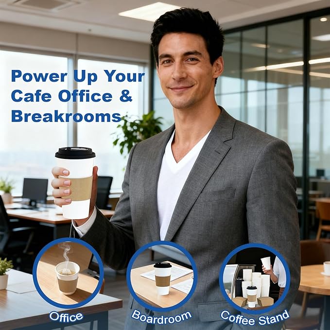 20 oz 50 Pack Coffee Cups with Lids and Sleeves, Straws, Hot Disposable To Go Travel Paper Cups Bulk for Office, Home Coffee Bar Accessories, Chocolate, Cocoa, Beverage (White)