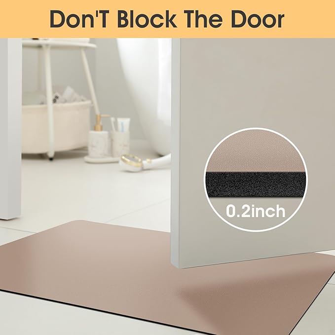 Ultra Thin Bath Mat, Upgrade Backing Non Slip Thin Bath Mats Fit Under Door, Quick Dry Ultra Absorbent Bathroom Rugs, Machine Washable Bath Rugs for Bathroom, Bathtub & Kitchen, Taupe/Solid/2 Piece