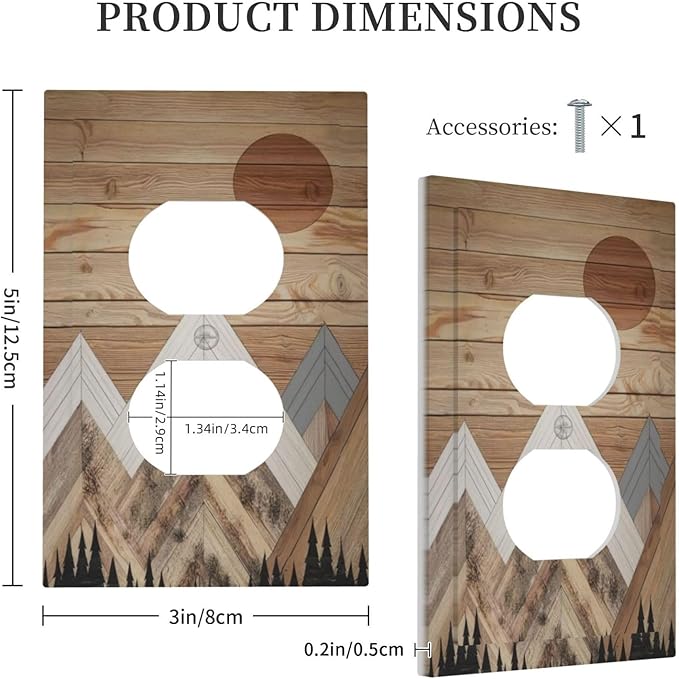 Wooden Planks Mosaic Snow Mountain Sun Outlet Covers 1 Gang Duplex Light Switch Cover Decorative Switch Plates Electrical Receptacle Faceplate Wall Plate for Farmhouse Home Decor