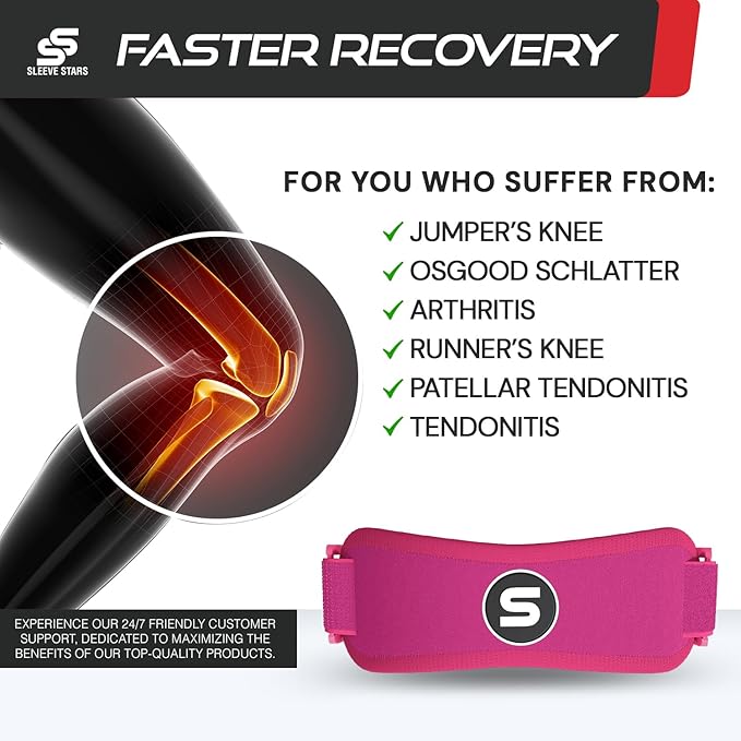 Sleeve Stars Swedish Brand Patellar Tendon Support Strap for Women & Men Effective Osgood Schlatter Knee Brace Youth & Kids Knee Brace with 3 Adjustable Length fits 12"-24" (Single/Hot Pink/Adult)
