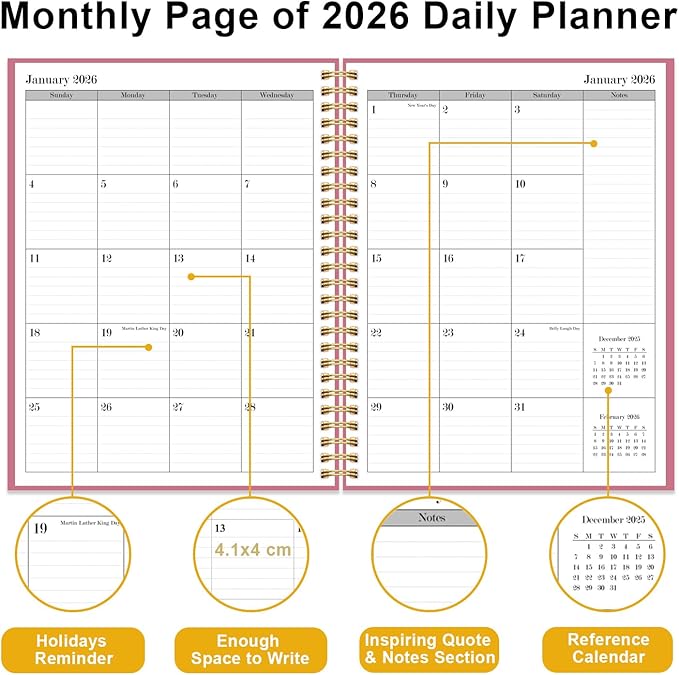 Daily Planner 2026 - Full Page Per Day, Jan 2026 to Dec 2026, 2026 Daily Planner with Spiral Bound, Inner Pocket, Perfect for School Office Supplies, 7'' x 10'', Pink