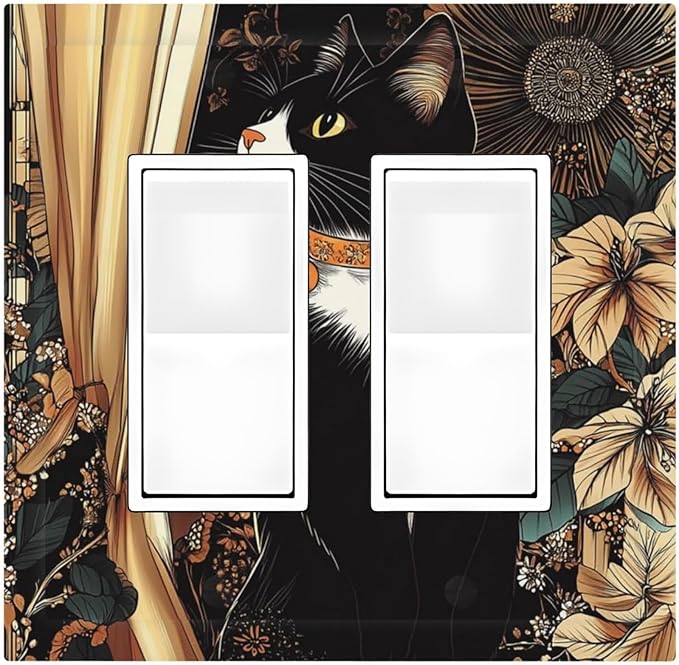 Decorative Outlet Covers Boho Mandala Floral Black Cat Vintage Flower 2 Gang Double Gfci Rocker Electrical Wall Panels Light Switch Cover Plate For Farmhouse Home Decor