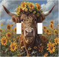 Decorative Switch Plates Vintage Sunflower Highland Cow Rustic Art 2 Gang Double Toggle Outlet Light Switch Cover Wall Plate Electrical Faceplate for Bedroom Farmhouse Decor
