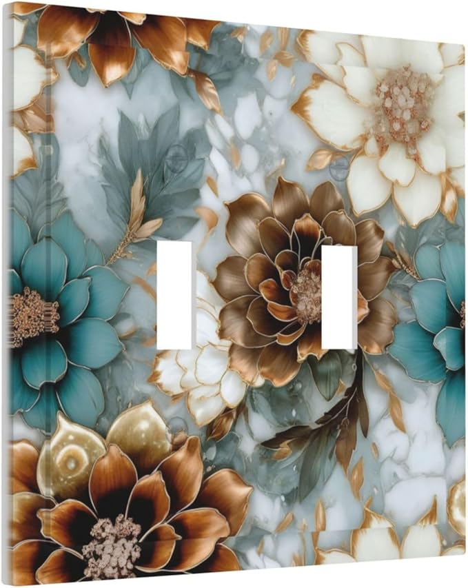 Vintage Marble Floral Gold/Green/White Metal Flowers Double Toggle Light Switch Covers Decorative 2 Gang Wall Plate Cover Dual Device Electrical Switchplate Dimmer Faceplate for Bathroom Decor