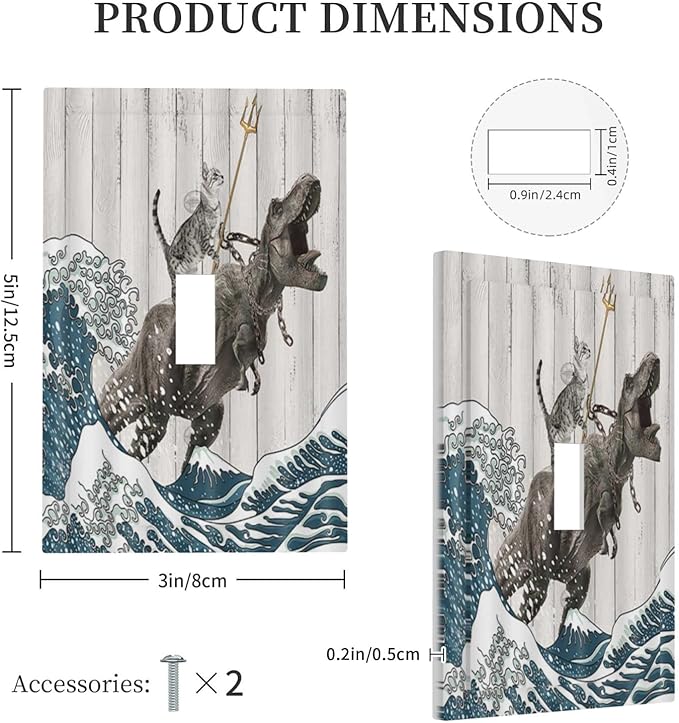 Funny Cat Cool Cat Dinosaur Japanese Sea Waves Wood Single Toggle Light Switch Cover Plate Decorative 1 Gang Wall Plate Cover Electrical Device Switchplate for Farmhouse Bedroom Bathroom Decor