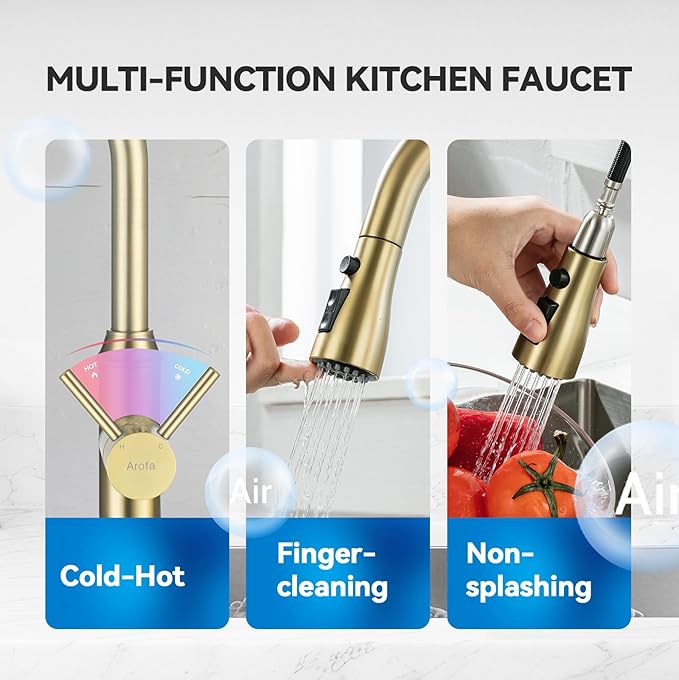 Gold Kitchen Faucet with Sprayer,Single Handle Kitchen Sink Faucet with Pull Out Sprayer, Champagne Bronze, Arofa Brushed Gold Brass Faucets for RV/Outdoor/Laundry Sink