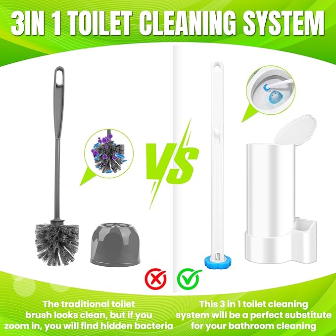 KOKL Disposable Toilet Brush, Toilte Wand Kit, Toilet Bowl Cleaner Brush with 48 Wand Refills, Toilet Cleaning Supplies, Toilet Brush and Storage Caddy, Toilet Cleaning System for Bathroom Maintenance