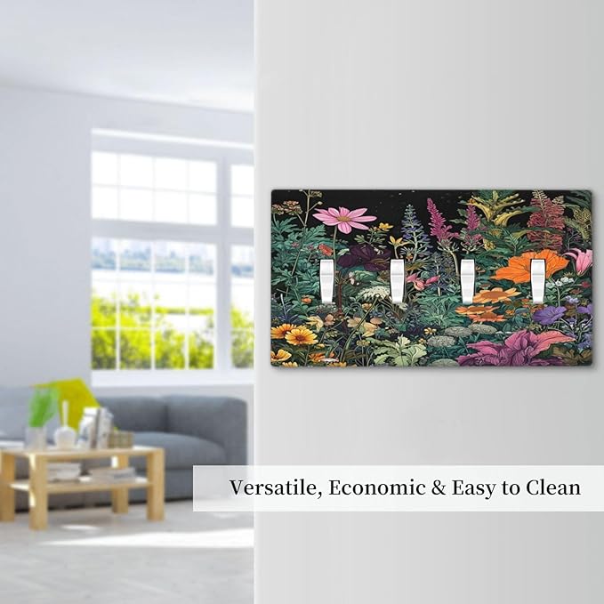 Decorative Switch Plate Covers Colorful Floral Dark Sky Wildflower Plants 4 Gang Light Switch Cover Plate Quad Toggle Wall Plate Light Switch Covers for Bathroom Decor