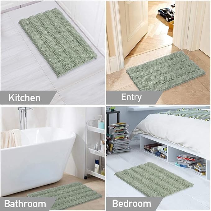 Turquoize Chenille Bathroom Rugs Set - Non-Slip Bath Mats, Extra Soft and Absorbent Shaggy Mats for Floor, Indoor Mat for Kitchen/Entryway (20" x 32" and 17" x 24"), Sage