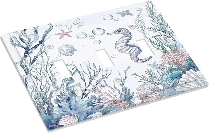 Decorative Switch Plates Ocean Coral Seahorse Seashell Starfish 3 Gang Wall Plate Triple Toggle Light Switch Cover Faceplate Electrical Wall Panels For Bathroom Home Decor
