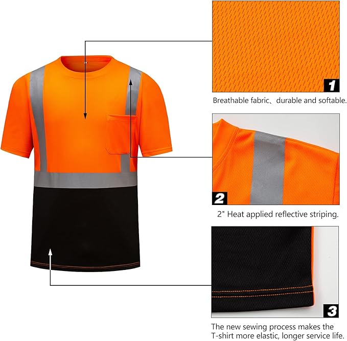 High Visibility Shirts Quick Dry Safety T Shirts with Reflective Strips and Pocket Short Sleeve Mesh Hi Vis Construction Work Class 2 Shirt for Men/Women Black Bottom Orange,2XL