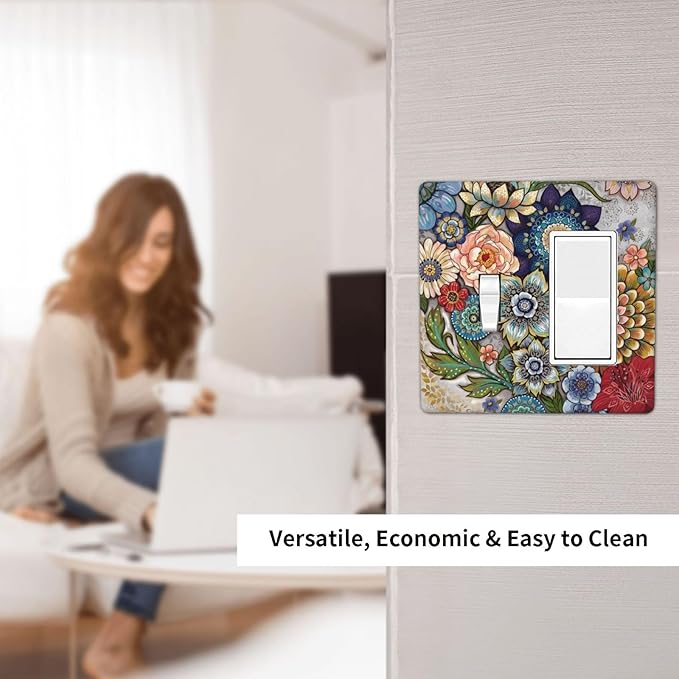 Boho Floral Colorful Floral Multi Color Flower Outlet Covers 1 Toggle 1 Rocker Combination Decorative Wall Plate Electrical Switch Plates Light Switch Cover Plate for Bedroom Living Room Home Decor