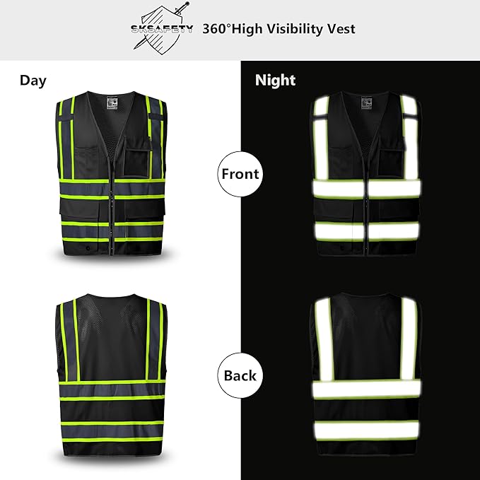 SKSAFETY 10 Pockets Safety Vest, Class 2 High Visibility Security with Zipper Back Mesh, Hi Vis Vest with Reflective Strips, ANSI/ISEA Standard, Construction Work Vest for Men ＆ Women （Black, 4XL）