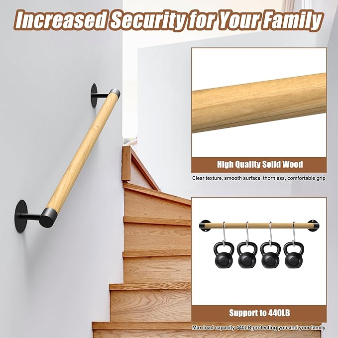 7FT Round Wooden Handrail for Indoor Staircase Handrail,Wall Mount Support Stair Railings, Non-Slip Safety Corridor,Lofts,Patio,Guardrail Wood Hand Railings for Elderly,Children,Disable People