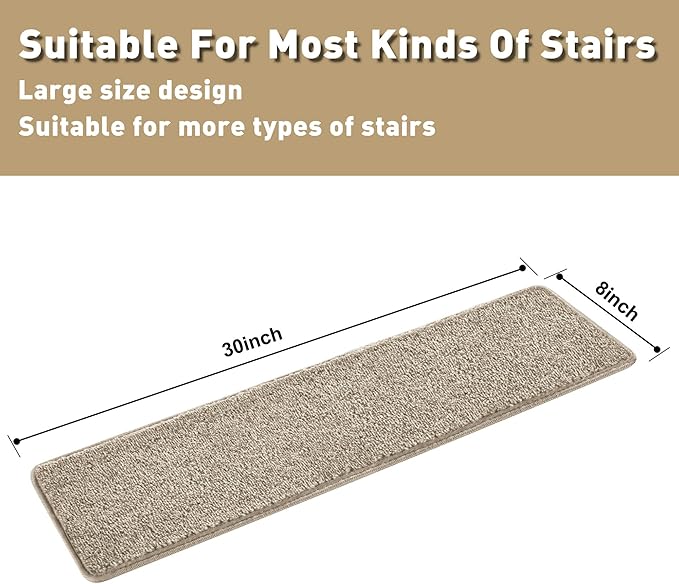 PURE ERA Carpet Stair Treads Tape Free Non Slip Indoor Stair Carpet Stair Protectors Pet-Friendly Non-Slip Skid Resistant Washable Reusable 8" x 30"(14 Pieces,Cream Gray)