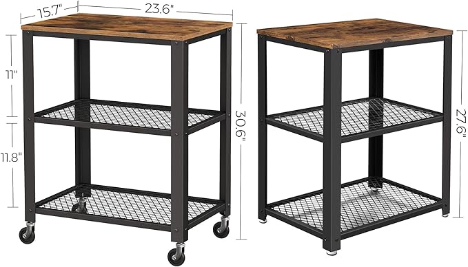 VASAGLE BRYCE Serving Cart, 3-Tier Kitchen Utility Cart on Wheels with Storage, for Living Room, Accent Furniture with Steel Frame, Industrial, Rustic Brown and Ink Black ULRC78X