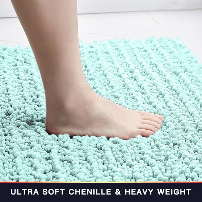 Walensee Bathroom Rug Non Slip Bath Mat (32x20 Inch Spa Blue) Water Absorbent Super Soft Shaggy Chenille Machine Washable Dry Extra Thick Perfect Absorbant Best Large Plush Carpet for Shower Floor