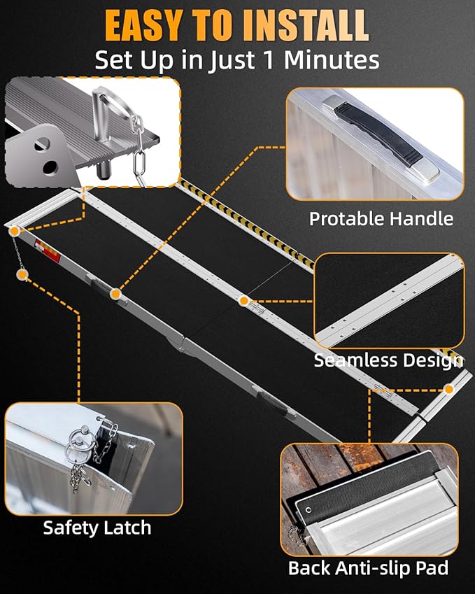 VNN Portable Wheelchair Ramp 8FT, Seamless Non-Slip Aluminum Ramps for Wheelchairs for Home, Handicap Wheelchair Ramps for Home Steps, Aluminum Loading Dock Plates