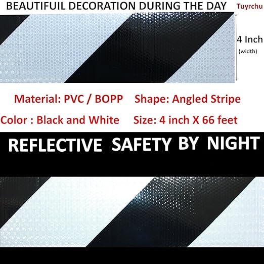 Black White Reflective Tape 4 inch X 66 feet, Outdoor Waterproof Hazard Conspicuity Warning Industrial Marking Tape