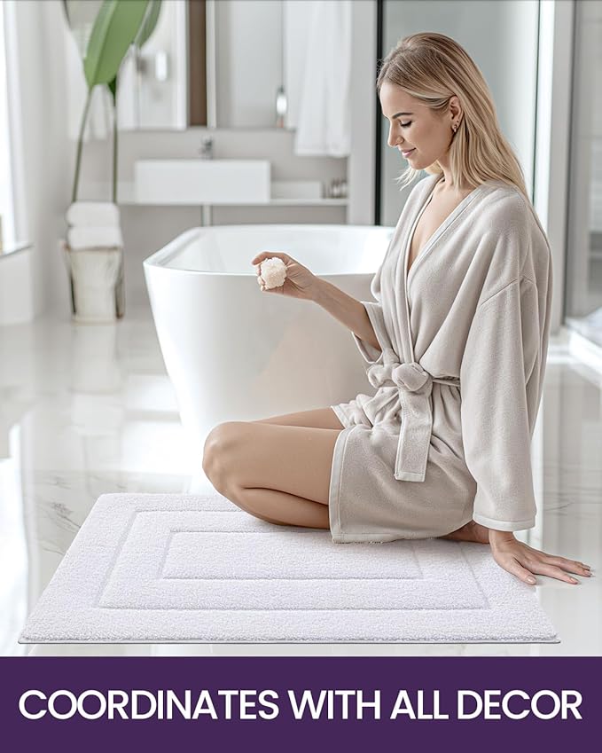 DEXI Bathroom Rug 32x20, Non Slip Washable Bath Mat for Shower Floor, Absorbent Soft Bathmat with Rubber Backing, Quick Dry Microfiber Carpet, White