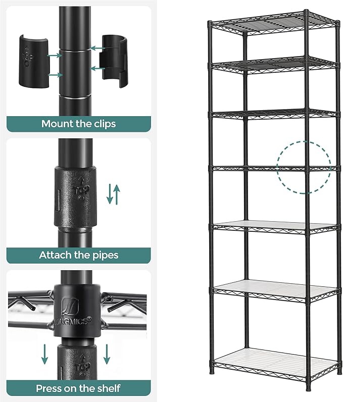 SONGMICS 7-Tier Storage Unit, Wire Shelving, Kitchen Metal Rack With Adjustable Shelves, Shelf Liners, 8 Hooks, for Garage, 13.4 x 23.2 x 70.9 Inches, Black ULGR067B01