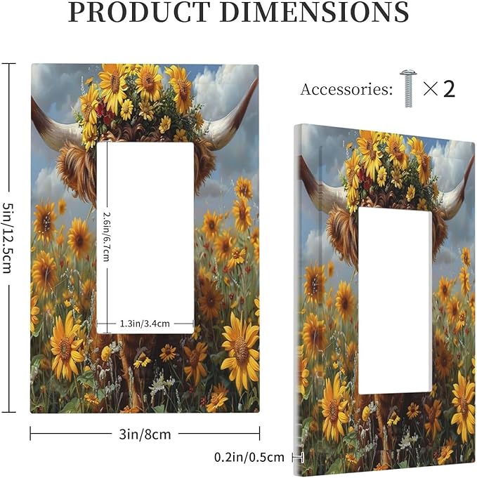 Decorative Outlet Covers Vintage Sunflower Highland Cow Rustic Art 1 Gang Single Rocker Light Switch Cover Plate Wall Plates GFCI Faceplate for Bedroom Farmhouse Decor
