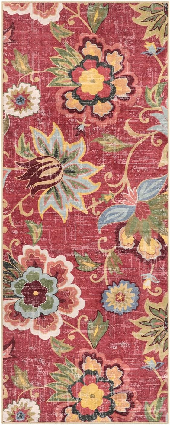 Beeiva Washable Laundry Room Rug Runner, 2x5 Red Ultra Thin Floral Kitchen Rugs Non Slip Washable, Vintage Small Bedside Christmas Rug Runner Lightweight Indoor Carpet for Entryway Bedroom