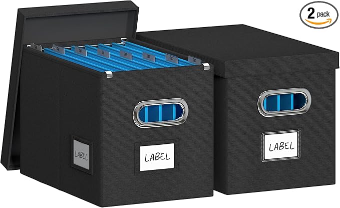 Hanging File Box with Lid, Set of 2 Filing Organizer Storage Box, Linen Collapsible Decorative Office/Home File Cabinet (14x9.3x10.9 inch) (Black)