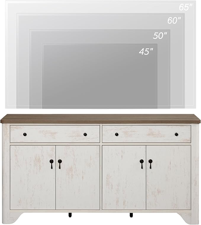 WAMPAT Farmhouse TV Stand with 2 Drawers and Storage Cabinets, Wood Entertainment Center for 65 inch TV, Adjustable Shelves, Entertainment Center TV Console Table for Living Room, Bedroom, 59'', White