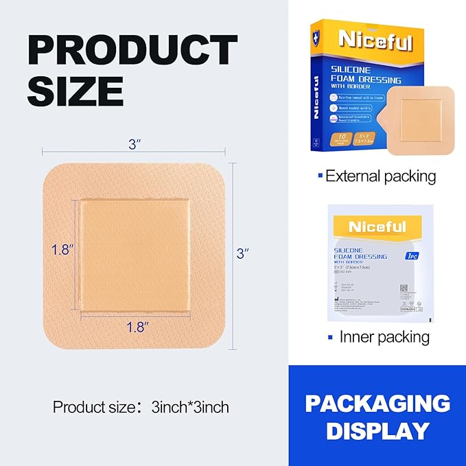Silicone Foam Dressing 3x3 in (7.5x7.5cm),High Absorbency Bed Sore Bandages Wound Care Dressing,Waterproof Silicone Bandages for Sensitive Skin Wound Care(10 Pcs)