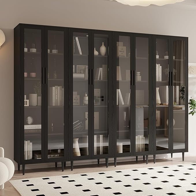 TUSY 70.9“ H Bookshelf with Glass Doors, 5-Tier Display Curio Cabinet with Drawers, Narrow Display Bookcase for Home, Office, Clinic, Pantry (Black, C)