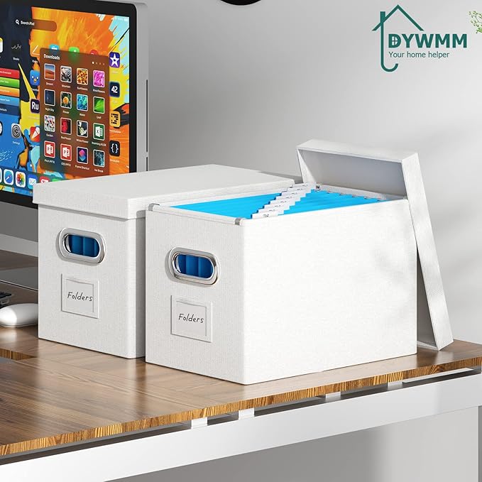 Hanging File Box with Lid, Set of 2 Filing Organizer Storage Box, Linen Collapsible Decorative Office/Home File Cabinet (14x9.3x10.9 inch) (White)
