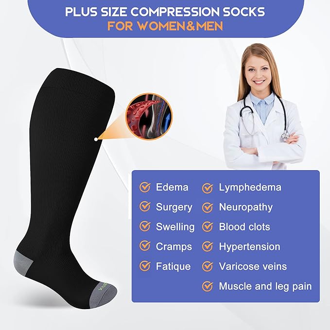 LEVSOX Plus Size Compression Socks for Women Men Wide Calf Extra Large 15-20 mmHg Knee High Sock for Nurses Pregnant Travel