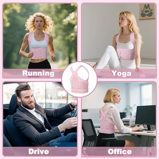 Posture Corrector for Women and Men,4 In 1 Adjustable Full Back Brace,Posture Braces Can Relieve Upper and Lower Back Pain, Shoulder Braces for Hunchback,Scoliosis, Lumbar Spine, Spine（Medium Pink）