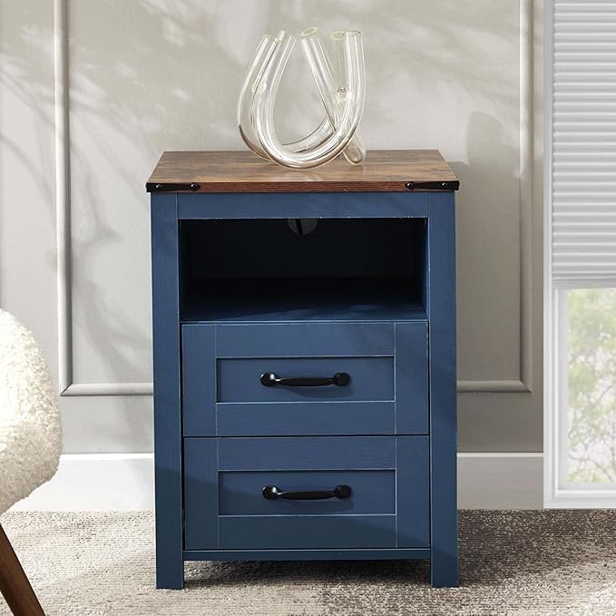Blue Rustic Night Stand Set of 2, Farmhouse End Table, Modern Bedside Table with 2 Storage Drawers and Open Shelf, Tall Nightstand for Bedroom