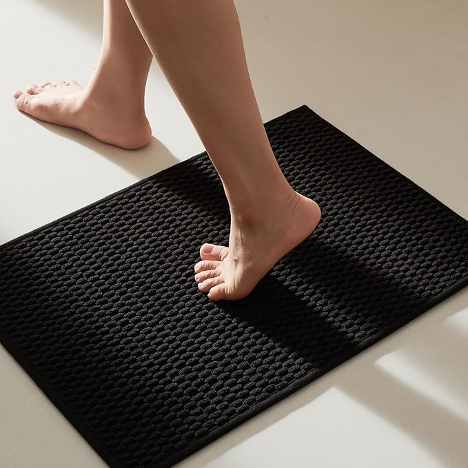 Black Bathroom Rugs Non Slip Washable, Super Absorbent Thin Bath Mat Small Quick Dry Low Pile Bathroom Rug, Black 16''x24''
