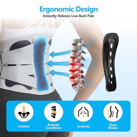 Back Brace for Men Lower Back Pain Relief, Adjustable Back Lumbar Support Belt for Women & Men, Sciatica, Scoliosis and Herniated Disc Relief with Ergonomic Breathable Pads & 5 Stays (L)