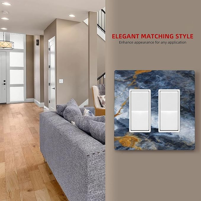 Decorative Outlet Covers Gold Dark Blue Gilt Haze Marble 2 Gang Light Switch Cover Plate Double Rocker Wall Plate Gfci Switch Plate Covers for Bathroom Decor