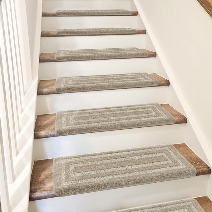 PURE ERA Bullnose Carpet Stair Treads Set Tape Free Non-Slip Indoor Stair Protectors Pet Friendly Rugs 9.5" x 30"(14 Pieces,Cream Gray Rectangular)