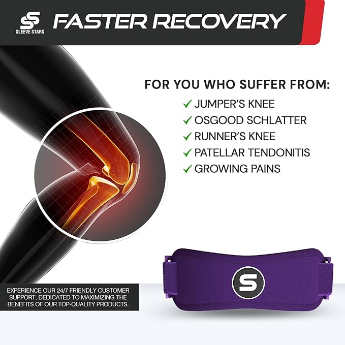 Sleeve Stars Swedish Brand Patellar Tendon Support Strap for Women & Men Effective Osgood Schlatter Knee Brace Youth & Kids Knee Brace with 3 Adjustable Length fits 7"-15" (Single/Dark Purple/Kids)