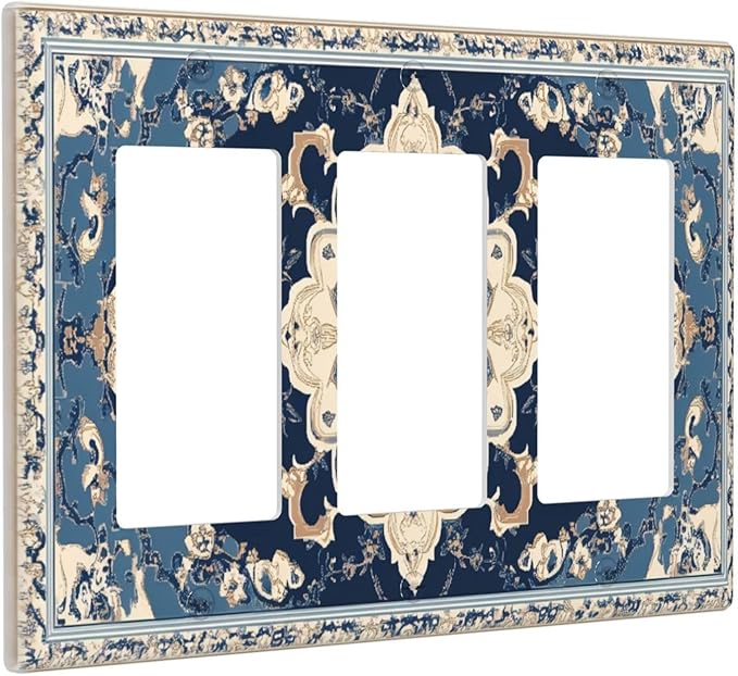 Decorative Outlet Covers Boho Beige Navy Blue Medallion 3 Gang Gfci Wall Plate Triple Rocker Light Switch Cover Plate Switch Plate Covers for Country Bathroom Bedroom Decor