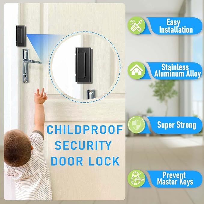 6Pack Home Security Door Reinforcement Lock, Childproof Safety Door Lock Latch Inside Stopper, Add High Security to Prevent Home Unauthorized Entry, Aluminum Construction Finish Black