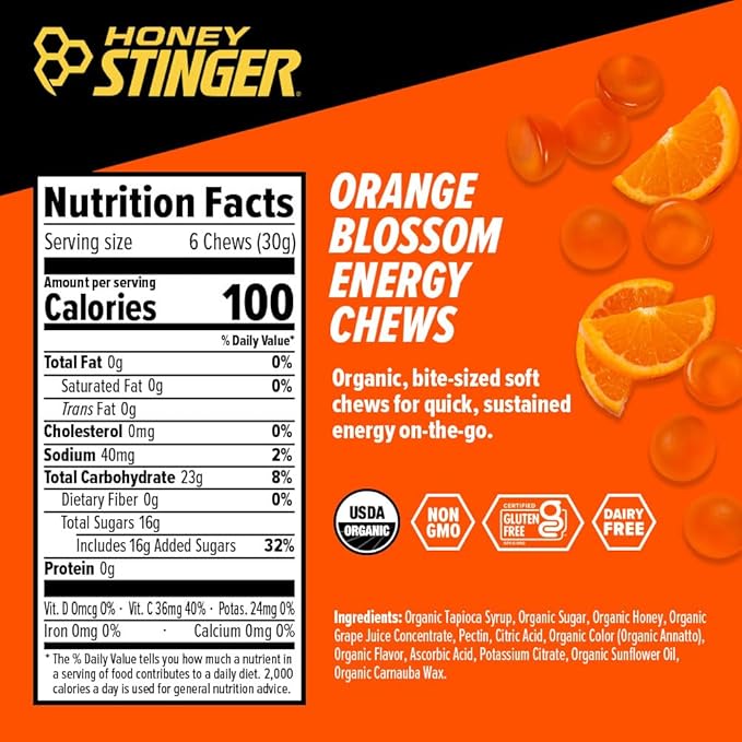 Honey Stinger Organic Orange Blossom Energy Chew, Gluten Free & Caffeine Free, for Exercise, Running and Performance, Sports Nutrition for Home & Gym, Pre and Mid Workout, 12 Pack, 21.6 Ounce