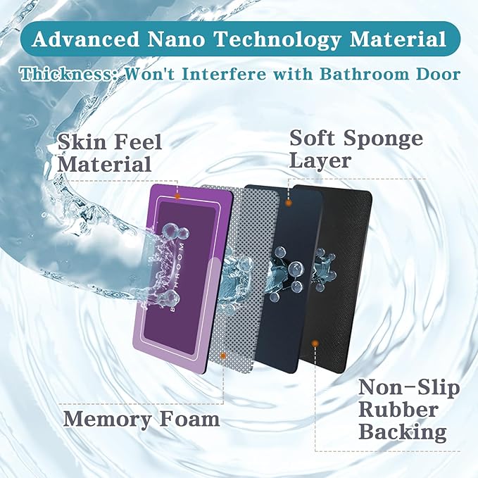 Bath Mat, Super Absorbent Non Slip Quick Dry Thin Rubber Mats for Bathroom Floor, Fit Under Door, Shower Rug for Bathtub, Shower, Purple
